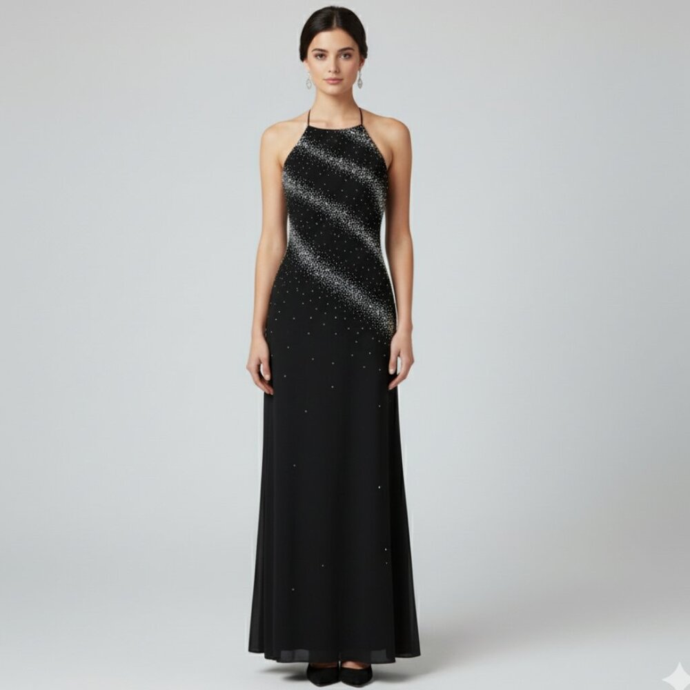 Black & Silver Beaded Full Length Halter Special Occasion Dress